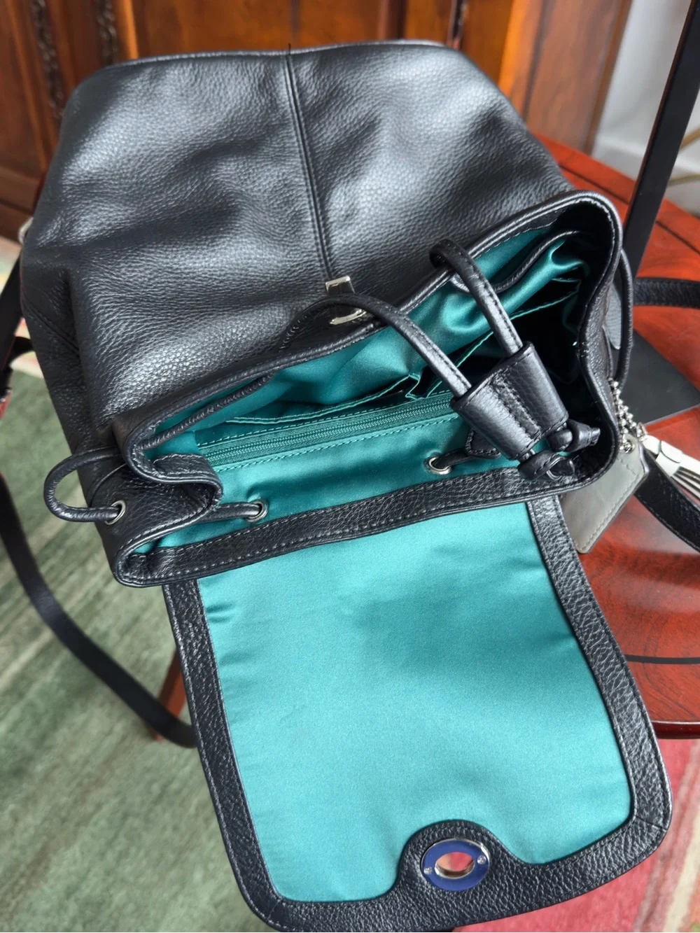 Coach Black Pebbled Leather Turnlock Drawstring Backpack –